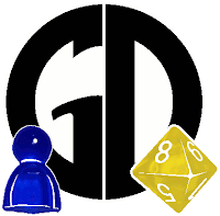 The letters G and D pressed together to form a circle. In front of this is a blue meeple and a yellow eight-sided die.