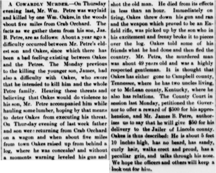 Shaking Paper: William Oakes Kills William Petrey from Ambush, Lincoln ...