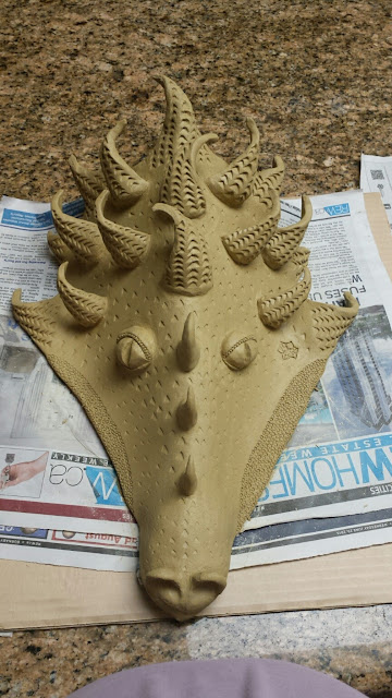 Bob Kingsmill inspired ceramic dragon mask, in progress, by Lily L.