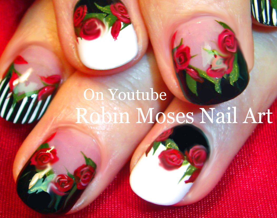 Nail Art by Robin Moses Rosegold Nails. How to paint Roses Nail Art