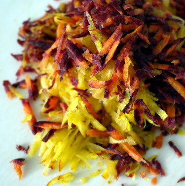 raw shredded golden beet and rainbow carrot