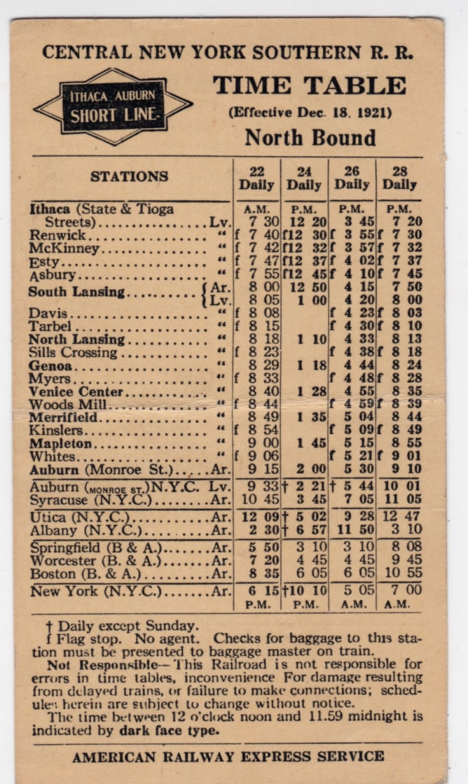 Vintage Railroad Pictures IthacaAuburn Shortline Timecard for 1923