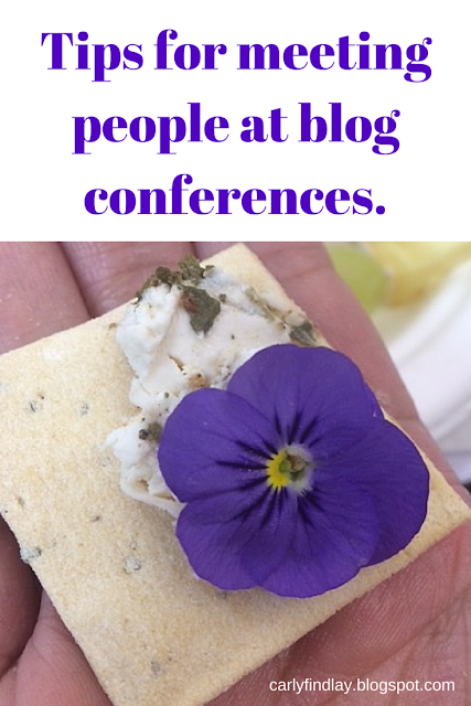 Flower and cheese on biscuit, captioned: tips for meeting people at blogging conferences.