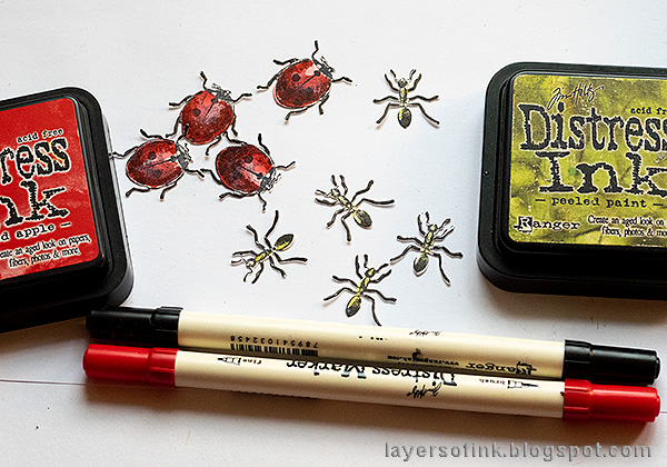 Layers of ink - Springtime Altered Tin Tutorial by Anna-Karin Evaldsson. Coloring the ladybugs and ants.