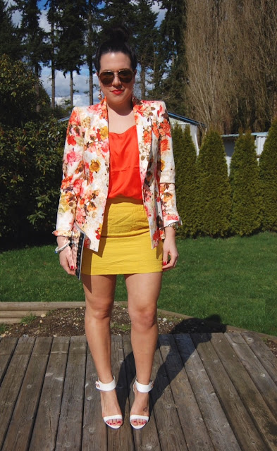 Floral Zara blazer, silk Joe Fresh tank, Forever 21 skirt, Ela Editor's Pouch and Topshop heels