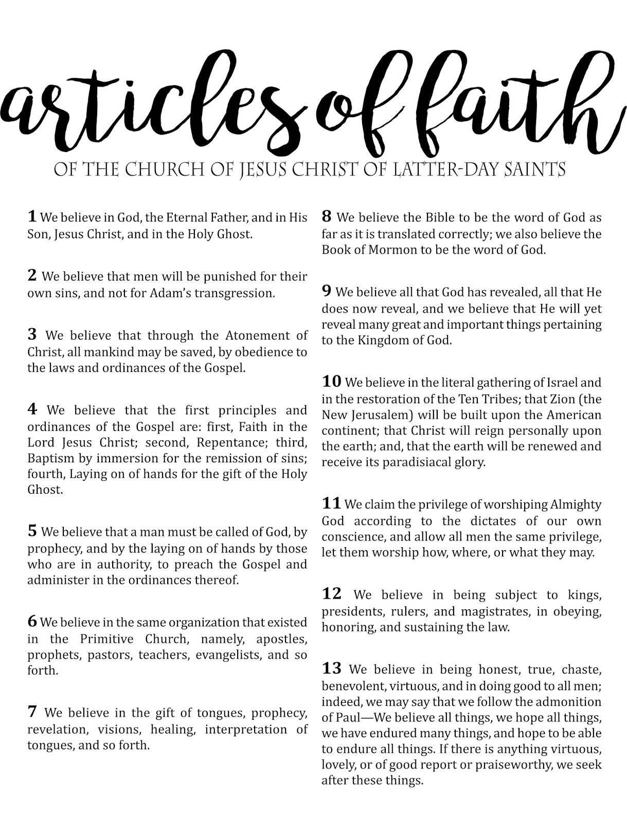 Lds Articles Of Faith Printable Lds Articles Of Faith Printable