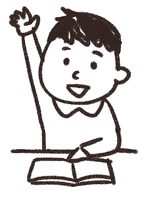 小学生のイラスト「挙手をしている男の子」 白黒線画