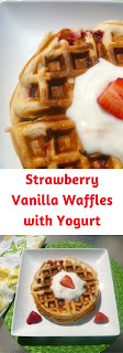 Strawberry Vanilla Waffles with Yogurt - These waffles are bursting with strawberries inside, along with a hint of vanilla. The perfect breakfast! - Slice of Southern