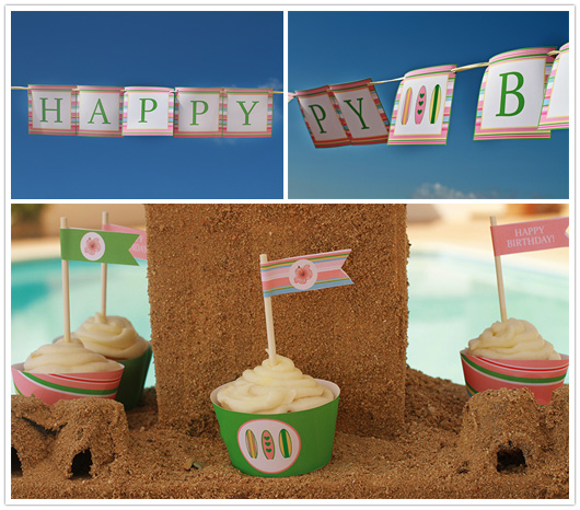 surf pool party banner and straw flags on cupcakes