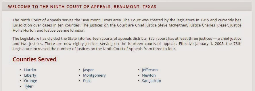 9TH COURT OF APPEALS - BEAUMONT 4 JUSTICES • Counties in District • Hardin Liberty Orange Tyler Jasper Montgomery Polk Jefferson Newton San Jacinto