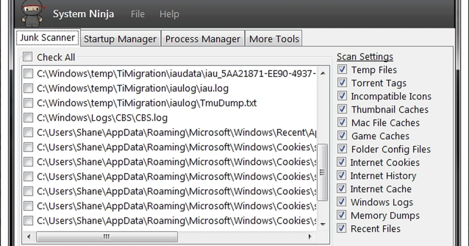 Window cookie. System Ninja. Game cache. Recent_file_cache. Game cache file.