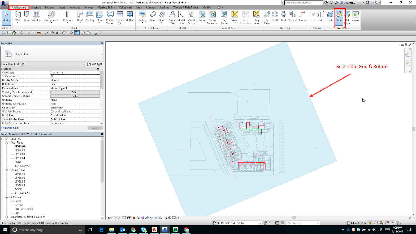 Change the orientation of Snap Grid in Revit.(Rotate Grid/UCS)(09 of 10)