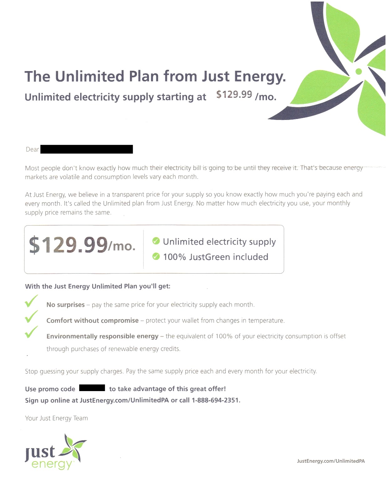 Mail That Fails Just Energy Limited Offer for Unlimited Electricity