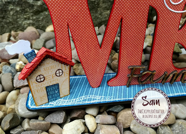 HOME plaque by Sam Lewis AKA The Crippled Crafter. Features Daisy's Jewels & Crafts and Graphic 45.