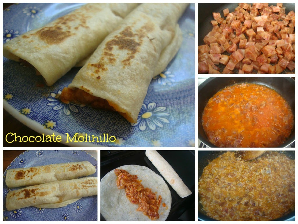 Chocolate Molinillo Burritos de Chicharrón en salsa roja