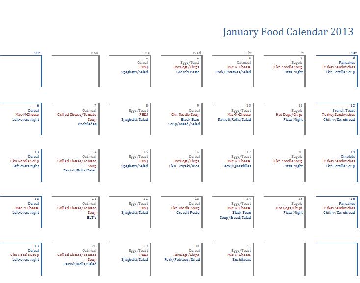 Heritage Homeschool January Food Calendar