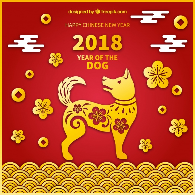 Chinese new year background with yellow dog Free Vector