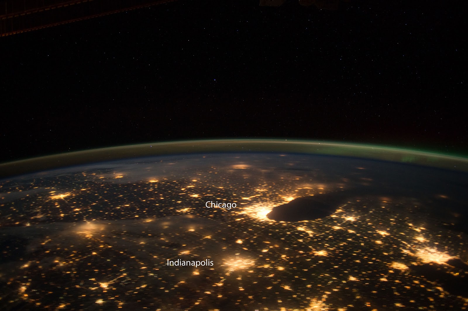 Chicago and Indianapolis from space at night