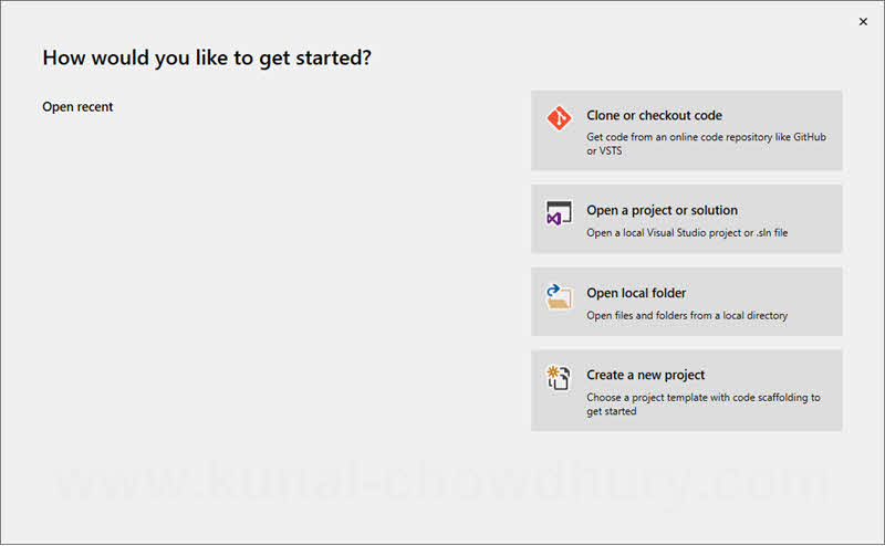 Visual Studio 2019 (version: 16.0.0 Preview 1) Start Page