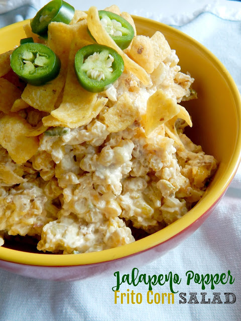 Jalapeno Popper Corn Frito Salad...your next summer side dish!  Fresh jalapenos, corn and bacon all comes together in a creamy dish and topped with Fritos! (sweetandsavoryfood.com)