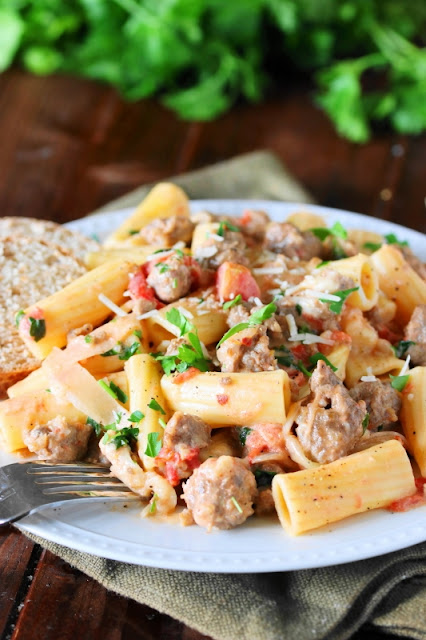 Pasta in Creamy Sausage Sauce ~ Whip up a pot quick & easy, then dig in to a plate of pasta deliciousness!  www.thekitchenismyplayground.com