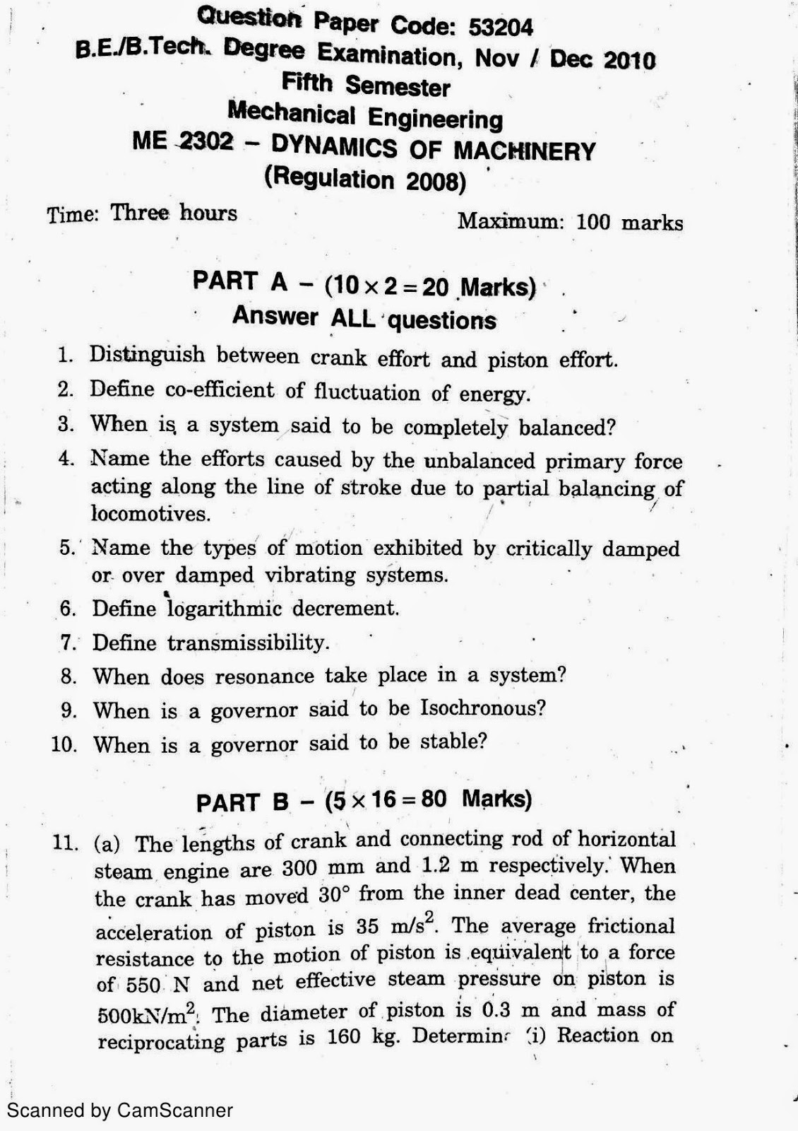Anna University B.E MECH ME 2302 Dynamics of Machinery November