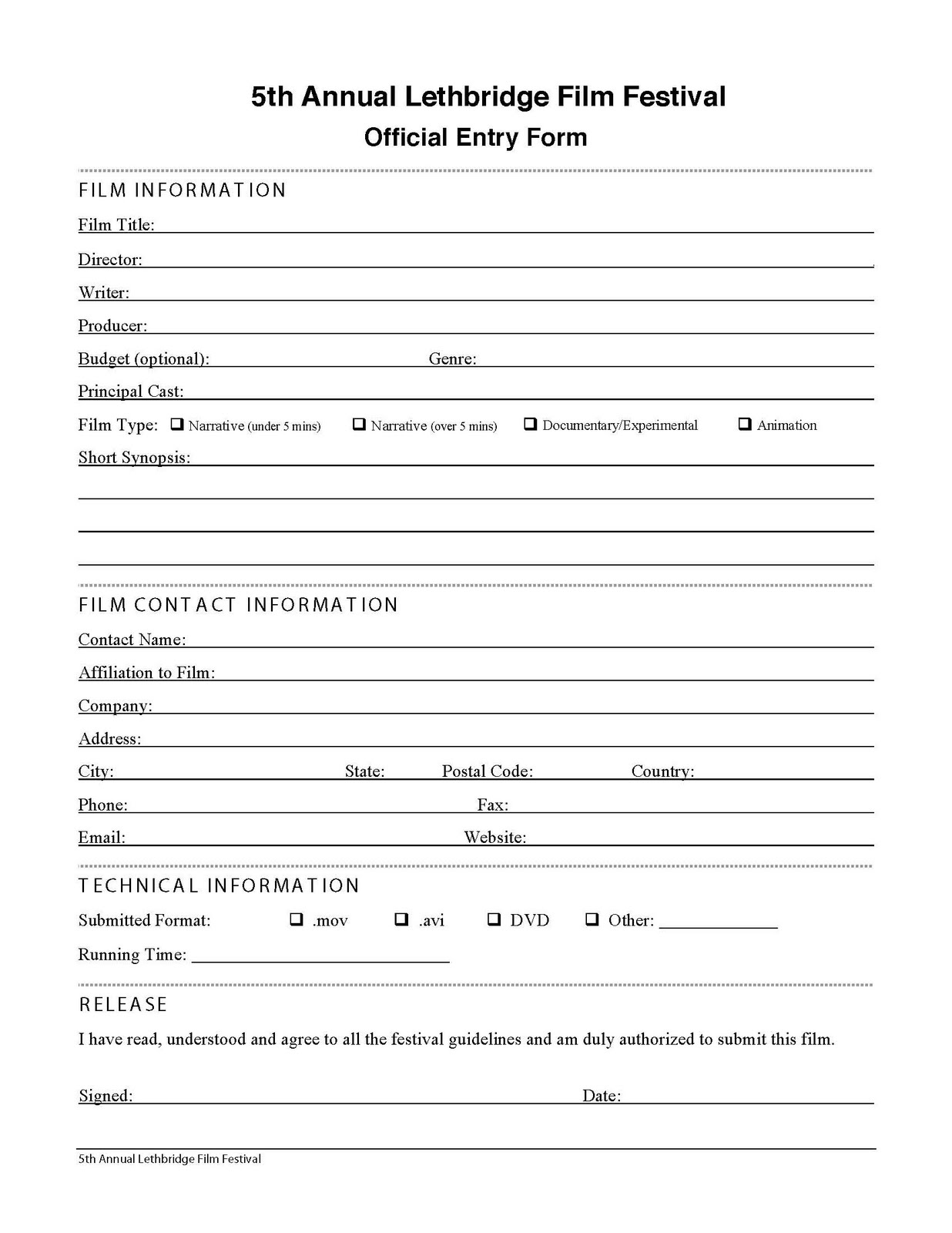 Lethbridge Film Festival Entry Form