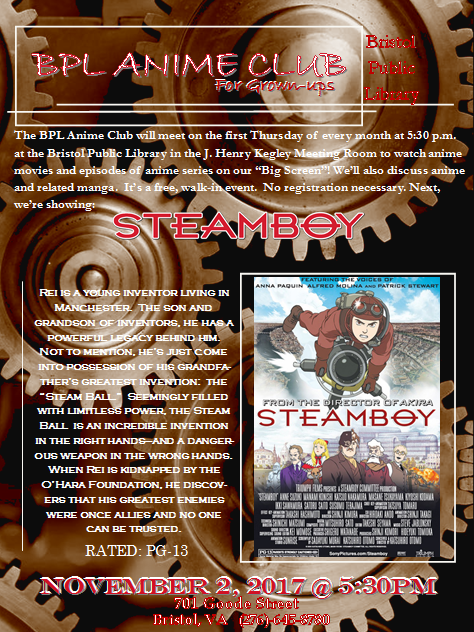 events at the bristol public library bpl anime club steamboy anime club flyer