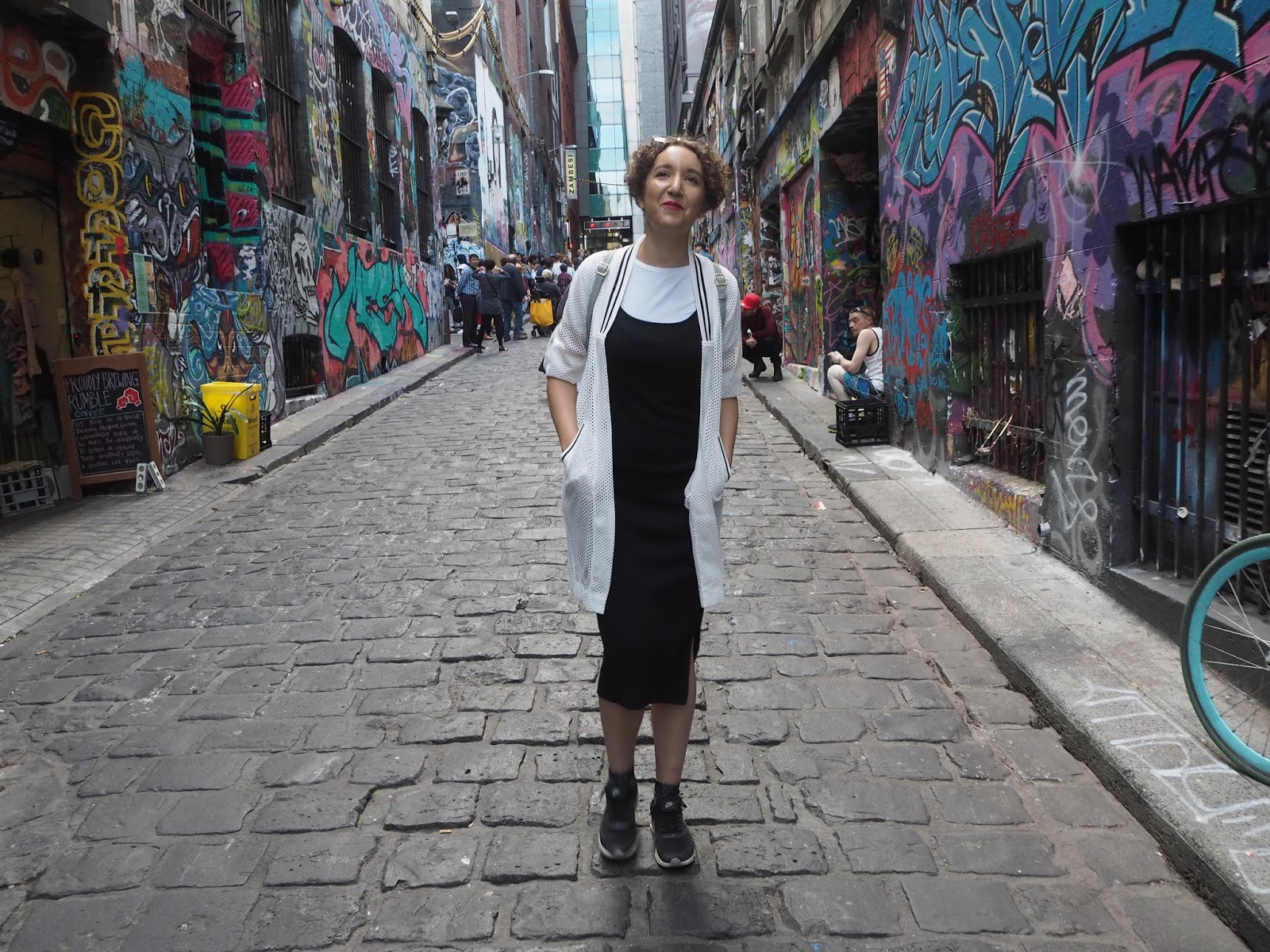 Monochrome outfit on Melbourne's Hosier Lane