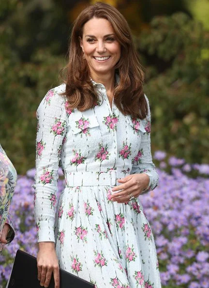 Kate Middleton wore Emilia Wickstead Aurora belted floral-print Swiss-dot cotton-blend seersucker dress and Monsoon fleur wedges