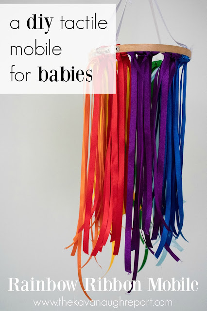 A DIY tactile mobile for babies. This easy rainbow ribbon mobile can be made in 20 minutes and keep babies entertained and engaged!
