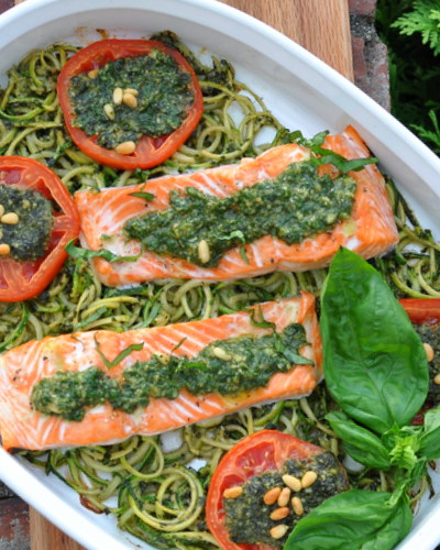 Salmon with Pesto Zucchini Noodles & Warm Tomatoes, another Quick Supper ♥ KitchenParade.com. High Protein. Low Carb. Gluten Free. Paleo. WW Weight Watchers Friendly. Whole30 Friendly.
