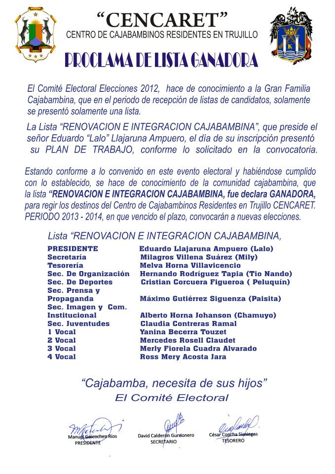 Nueva directiva del Centro de Cajabambinos Residentes en Trujillo