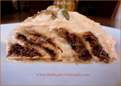 Ginger Pumpkin Cheesecake Log: The flavors of fall made simply eand easily with this refrigerator cake. No baking requireds, mix, assemble and refrigerate | recipe developed by www.BakingInATornado.com | #recipe #dessert