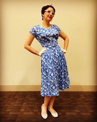 Gail Carriger in a Blue & Cream Vintage 1950s Day Dress