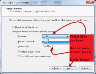 Pilih Jenis File System, Beri Nama Volume Label, Kemudian Klik Next New Simple Volume Wizard, Format Partisi Klik Next Blog Mas Dory