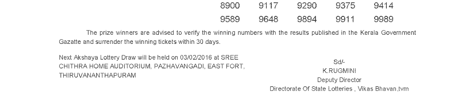 AKSHAYA Lottery AK 226 Result 27-01-2016