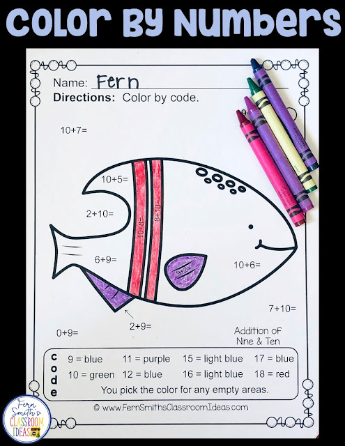 Addition & Subtraction Ocean Fun - TEN Color By Numbers Printables for some Ocean Math Fun in your classroom! Looking for a resource to excite and engage your students? Print this packet, add it to your weekly plans and you're all done. Your students will love working on these skills during seat work, bellwork, center time, small group lessons, morning work, tutoring... they are even perfect for homework! Are your parents asking for extra work for their children? #FernSmithsClassroomIdeas