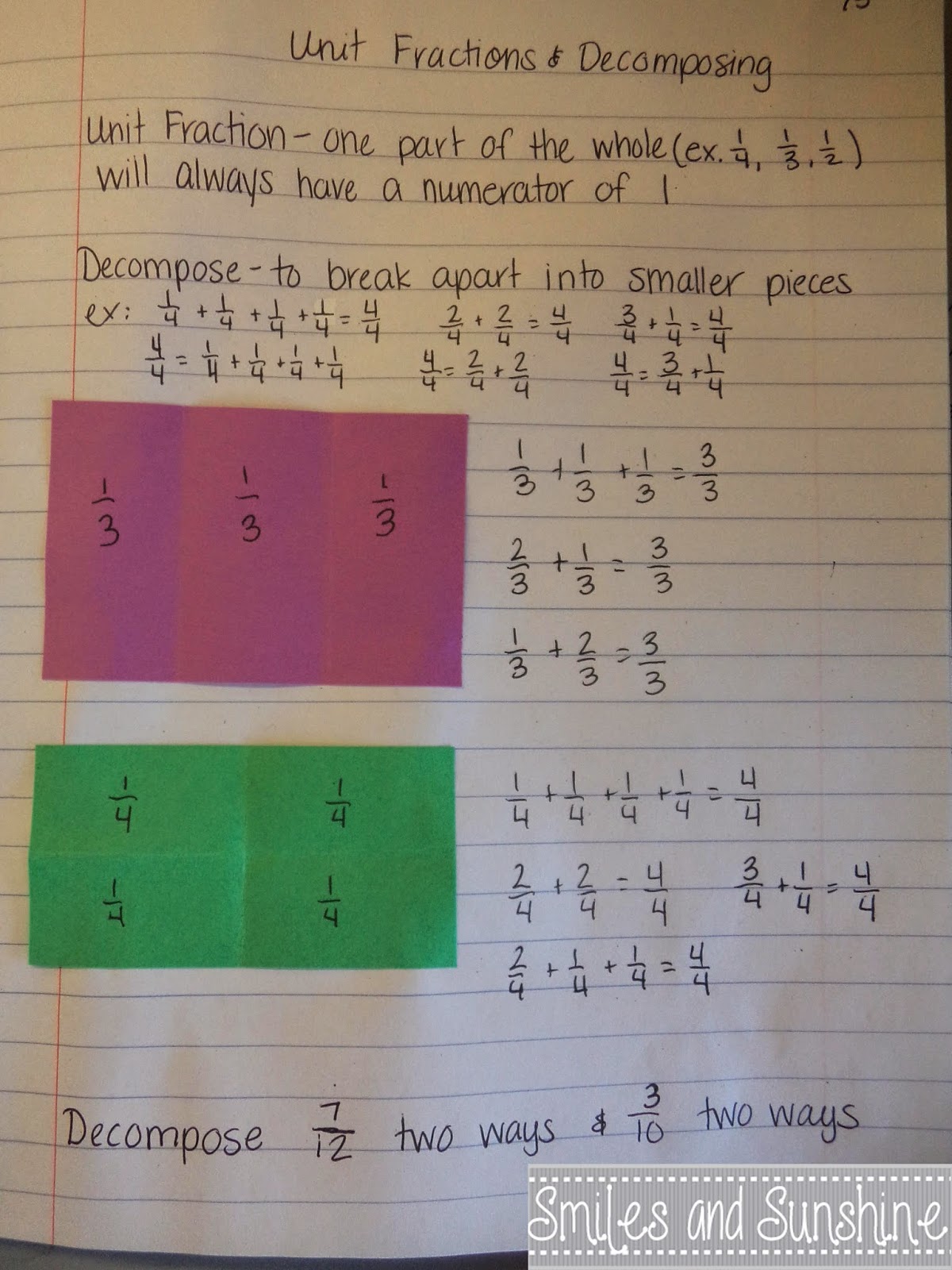 Smiles and Sunshine: More Fraction Fun~Unit Fractions and Decomposing