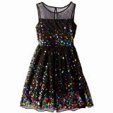 Speechless Big Girls' Illusion Dress with Rainbow Sequin,  Black/Fuchsia, 7 