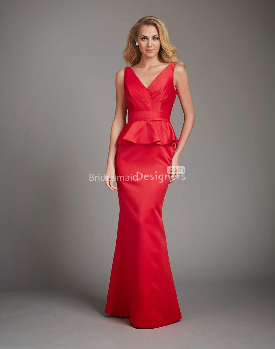 Red Satin Peplum Sleeveless V-neck Long Bridesmaid Dress-1