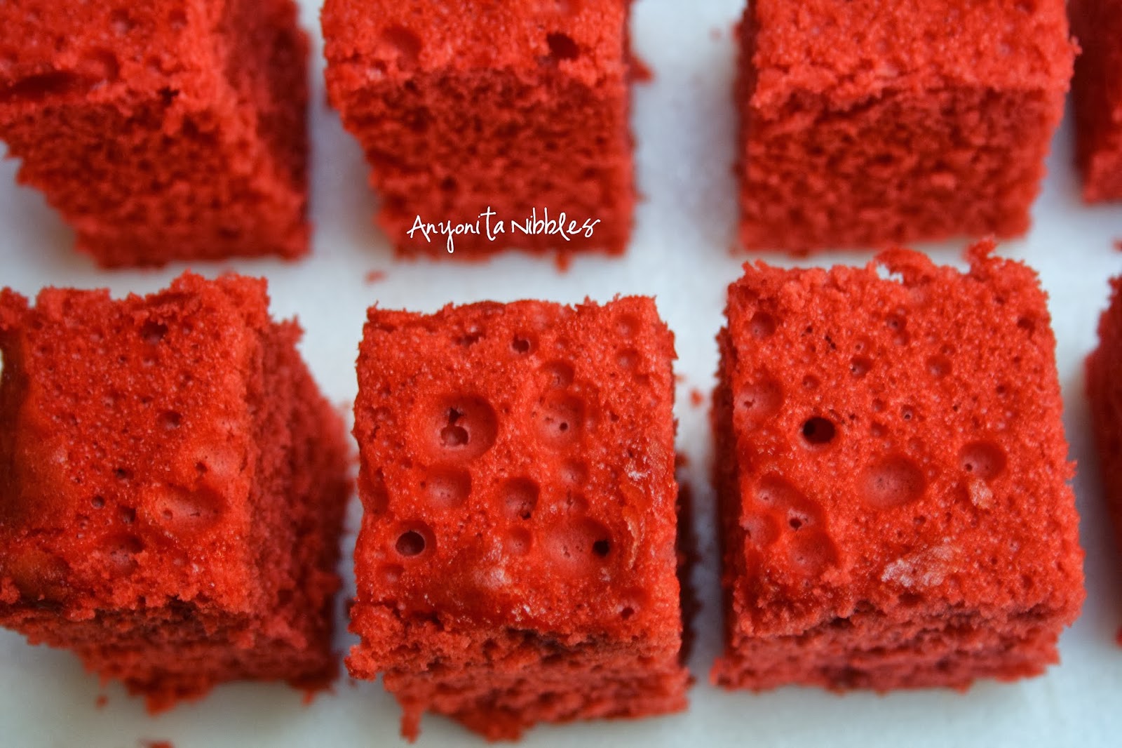 Red velvet cake cut into squares for petit fours from Anyonita Nibbles