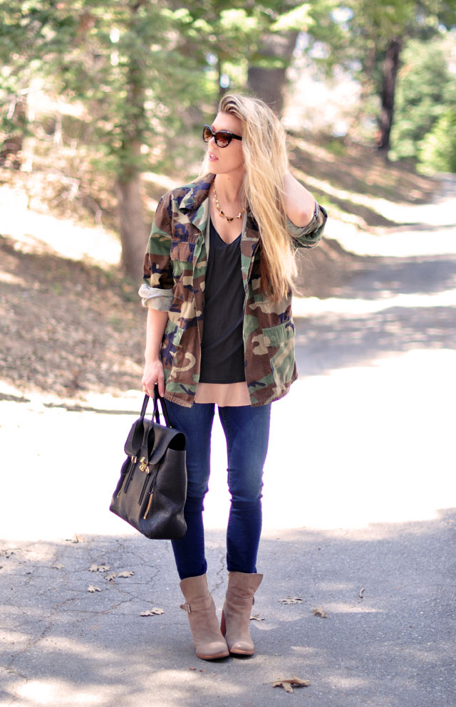 casual outfit, jeans and camo army jacket