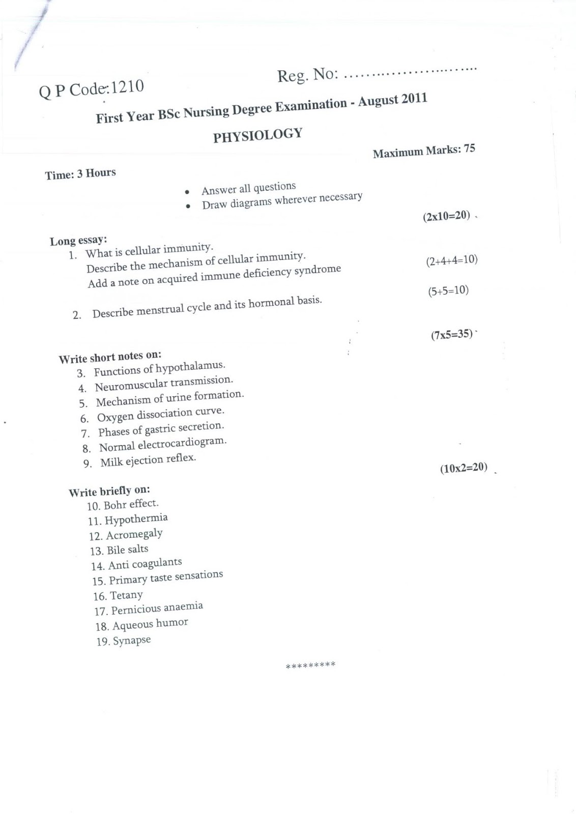 KUHS PREVIOUS QUESTION PAPER PHYSIOLOGY