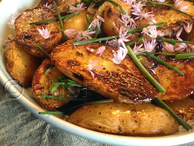 Grilled Potatoes, Salad, Onions, Chives, Chive Flowers