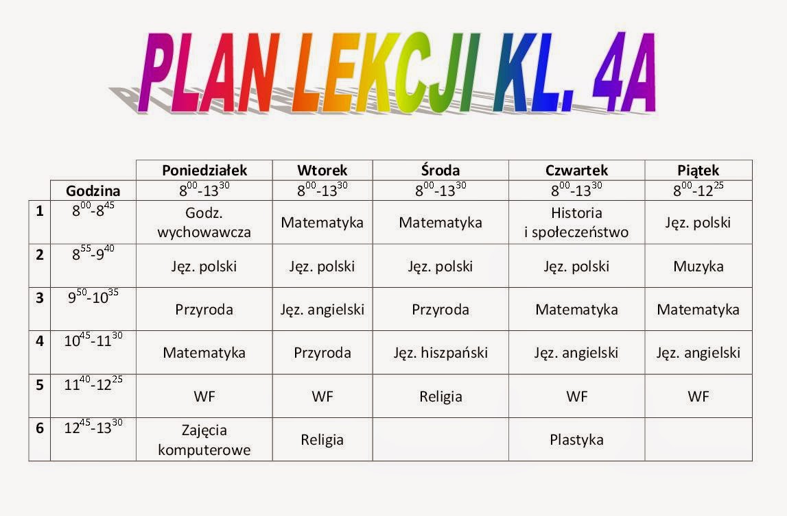 Skala I Plan Diagramy Klasa 4 Klasa 4 2014/2015: Plan lekcji