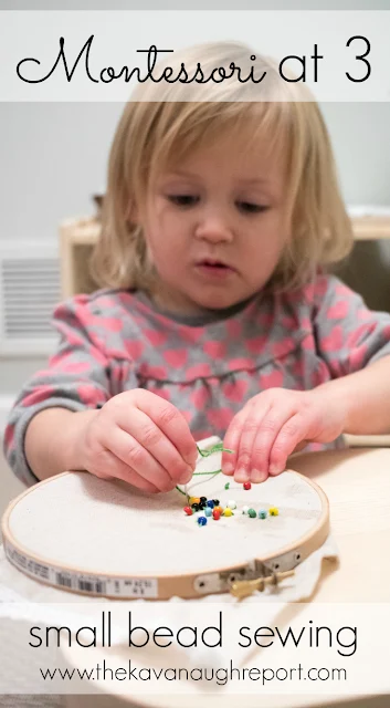 Montessori at home activity - bead sewing for a 3-year-old. 