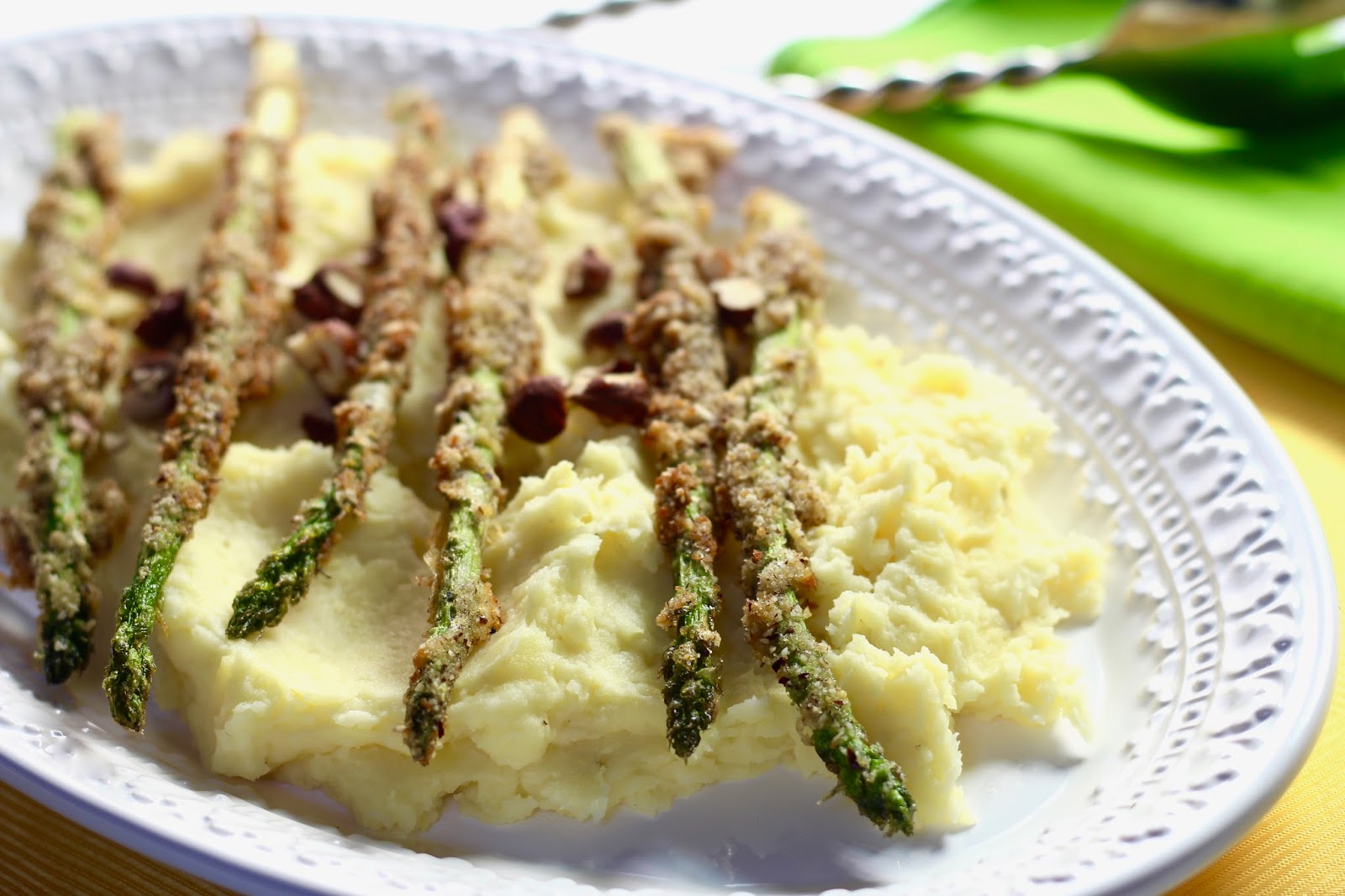 Hazelnut Battered Fried Asparagus Spears over Whipped Lemon Parmesan