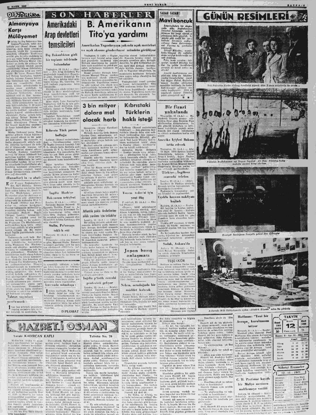 12 Kasım 1949 Yeni Sabah Tam Metin