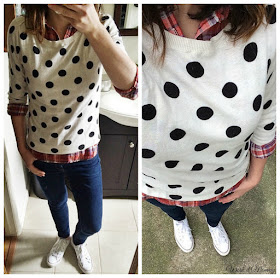 plaid and polka dots and white converse